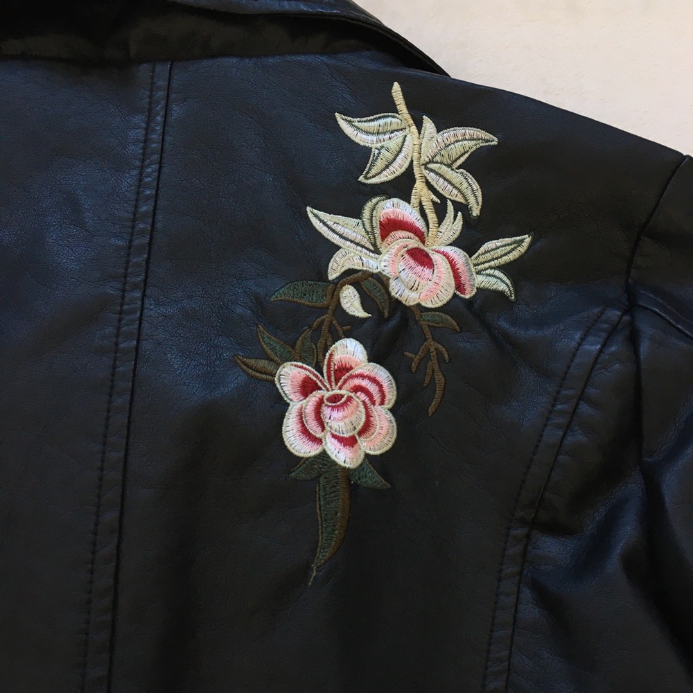 SOLD!! Black Studded Leather Jacket w/ Floral Embroidery - Picture 7 of 10